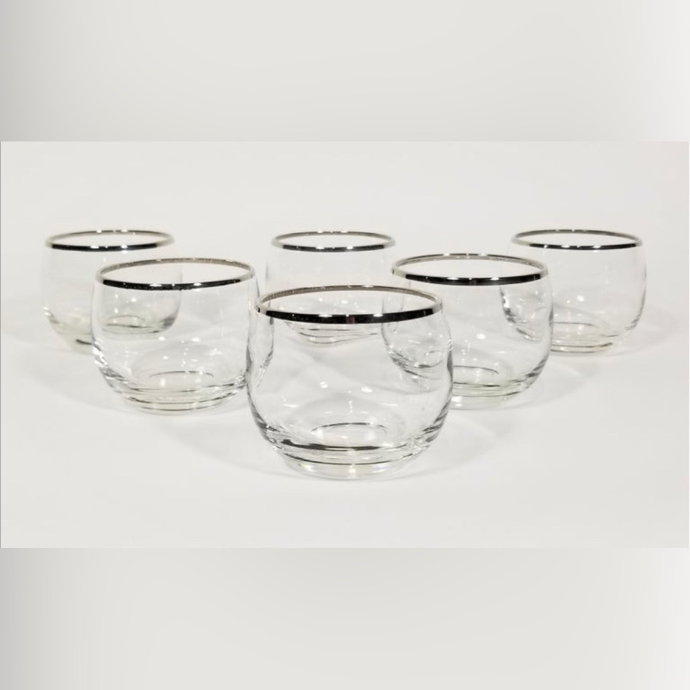 Vintage Dorothy Thorpe 1960s MCM Silver Rim Roly Poly Cocktail Glasses Set of 6